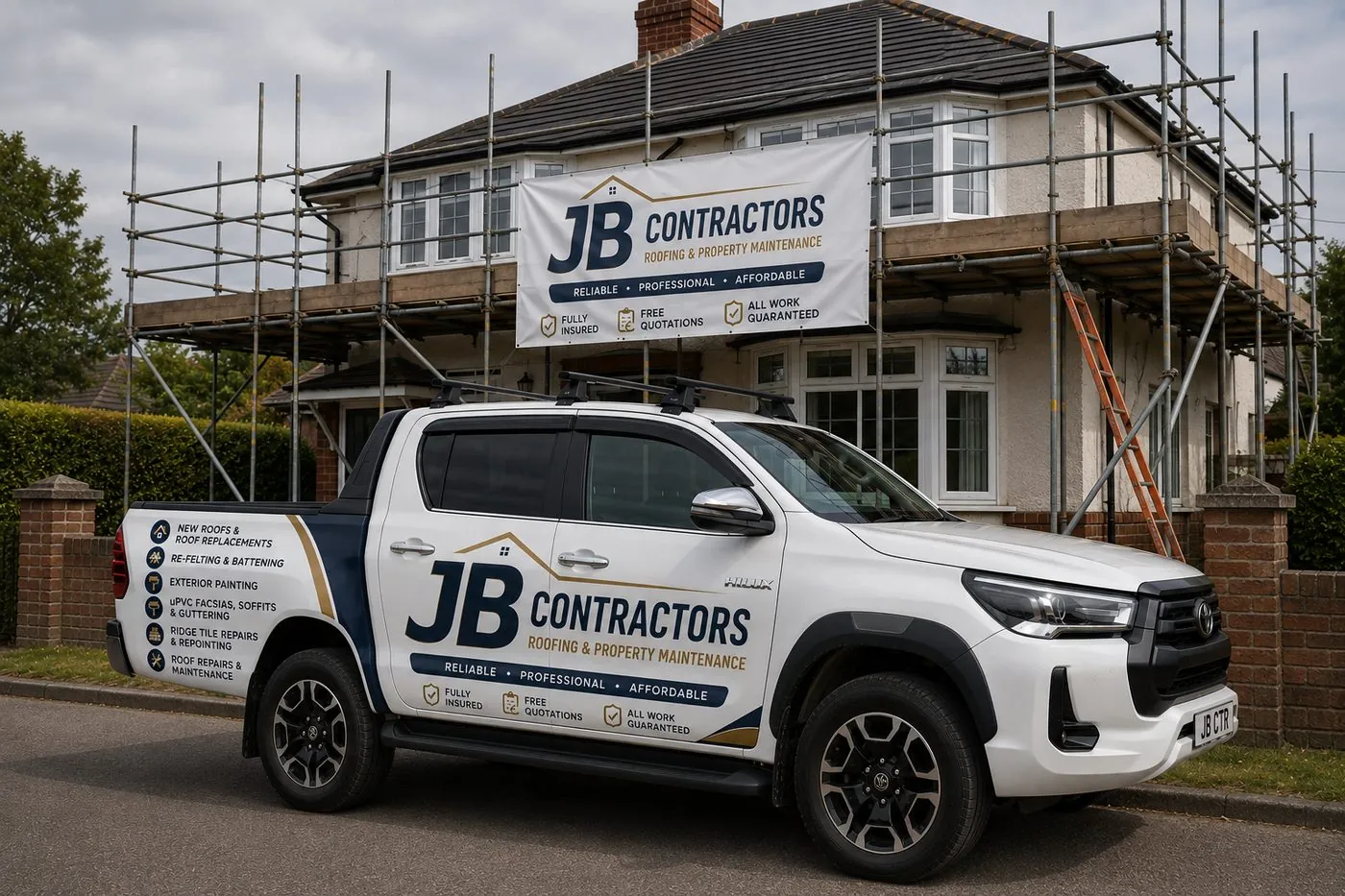 Charlestown Roofing pickup truck on site at a scaffolded roofing job in Charlestown
